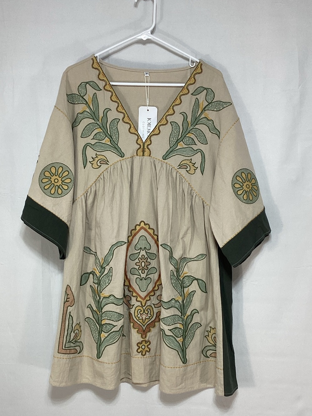 Embroidered Beige Boho Tunic Dress with Green Trim
